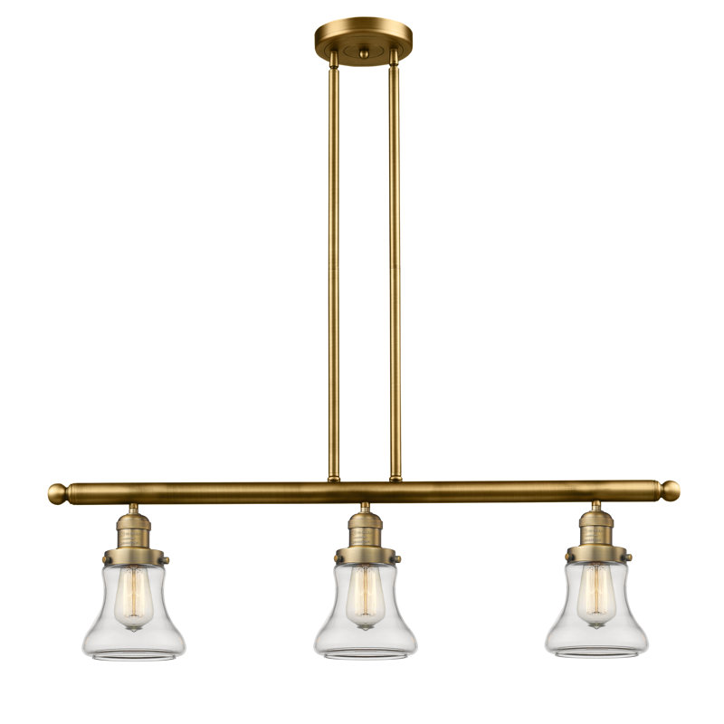 Luminaire suspendu linéaire à 3 lumières pour îlot de cuisine Edda, Laiton brossé, Transparent