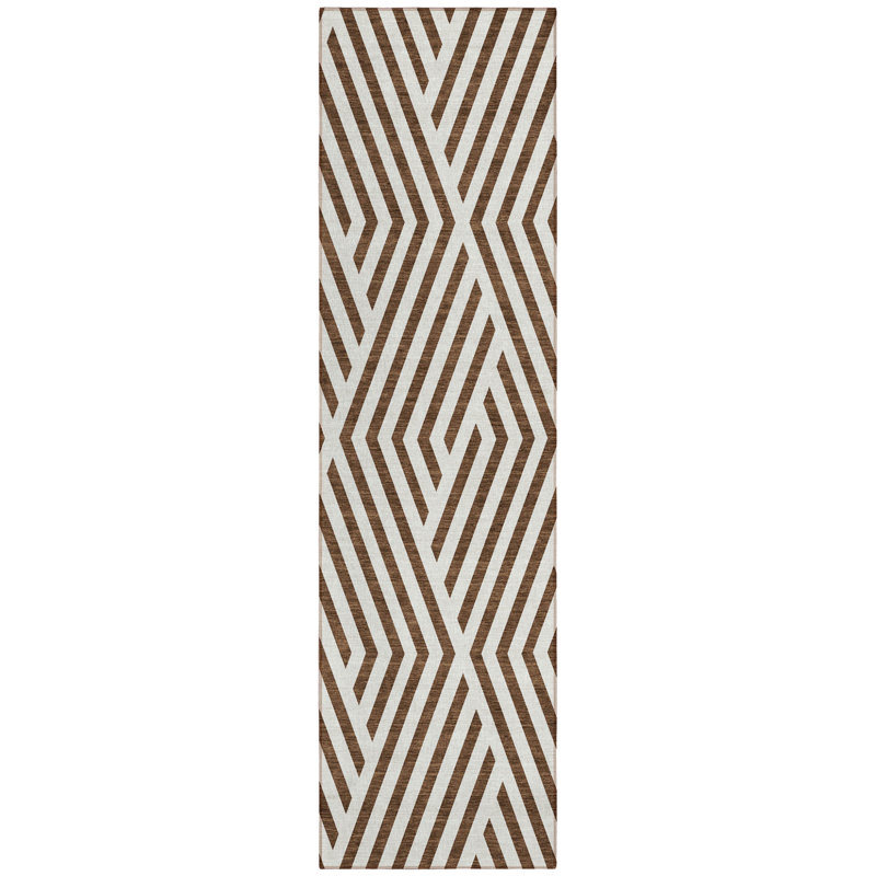8' Runner Brown and White Geometric Washable Non Skid Indoor Outdoor Runner Rug
