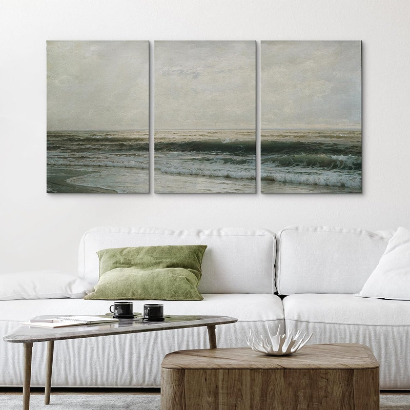 Aquarelle plage côtière 3 pièces, Toile tendue, H 24 po x l 16 po x P 1,5 po