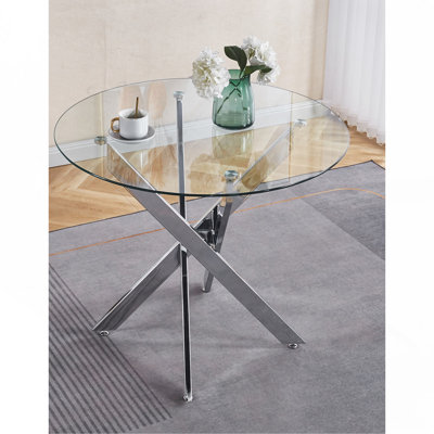 Table de salle à manger avec pieds en métal et verre trempé, table de cuisine moderne pour le salon, pieds chromés