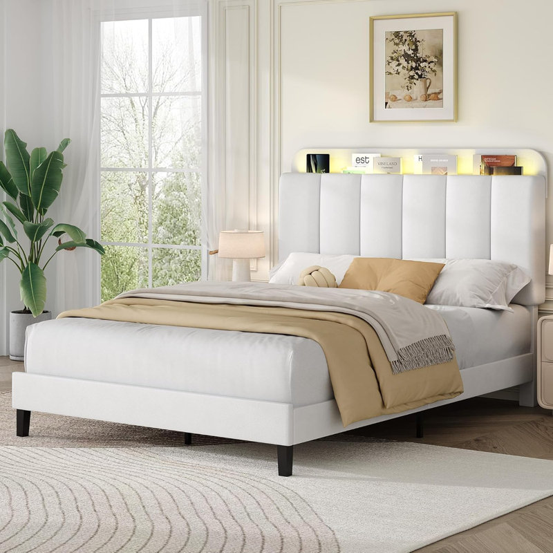 Structure de lit avec rangement, lit plateforme tapissier avec tête de lit à DEL, Double, Blanc