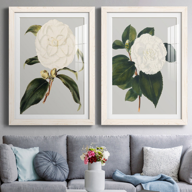 Camellia Japonica I - ensemble de 2 reproductions d'impressions, H 37,5 po x l 55 po x P 1,5 po, Papier encadré blanc, Blanc