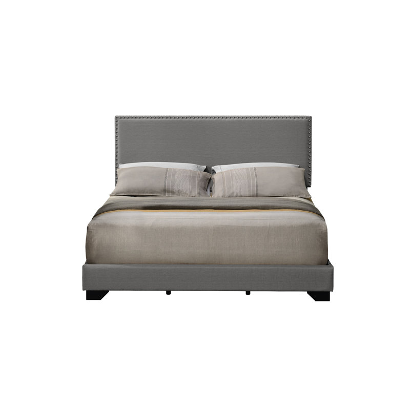 Gray Fabric Queen Bed With Nailhead Trim Accent, Fully Upholstered, Wood Leg, 4 Slats Box Spring Required, 660Lbs Weight Capacity, 6" Floor , 83.51 In Depth, 63.38 Width, 43.45 Height Upholstered