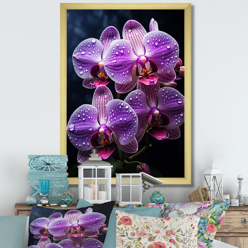Fleurs mauves rayonnantes, orchidées noires - salon d'art mural orchidées, H 20 po x l 12 po x P 1 po, Encadrement doré