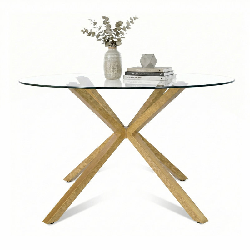Jablon 39.4" Round Glass Top Metal Base Dining Table, Natural