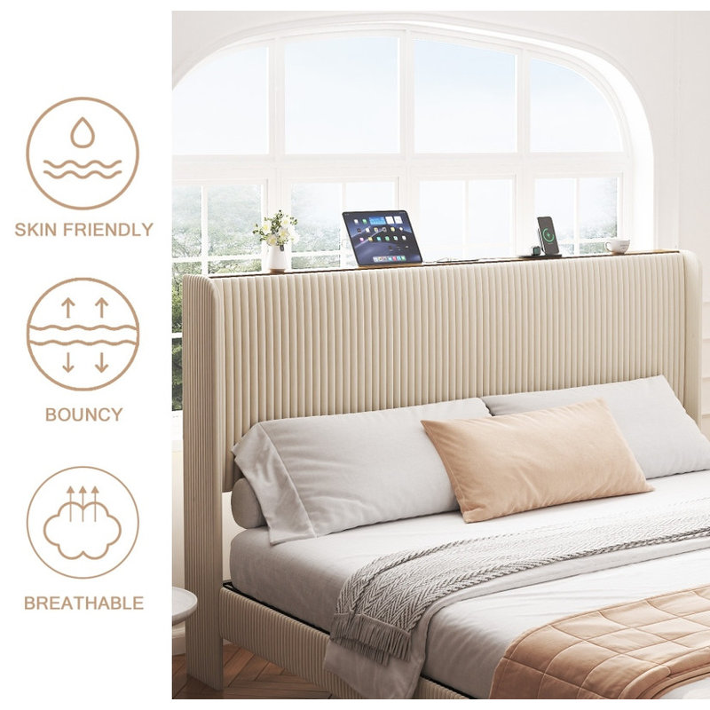 Full Size Beige Metal Platform Bed - Modern Design with Integrated Charging Station | Noise-Free Structure, No Box Spring Required, Sturdy & Stylish