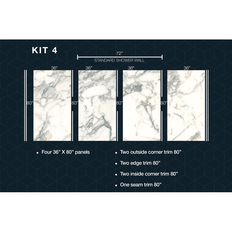 Polymarm 72"W 80" H 36" D Three Wall Composite Shower Wall Panel Surround - 72" Backwall with Seam, Calacatta Gold
