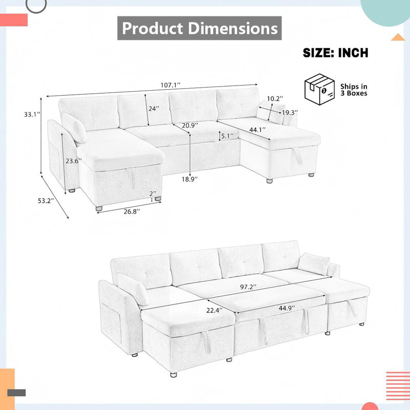 Canapé-lit moderne en forme de U avec rangement et ports USB - Tissu en peluche beige, Noir
