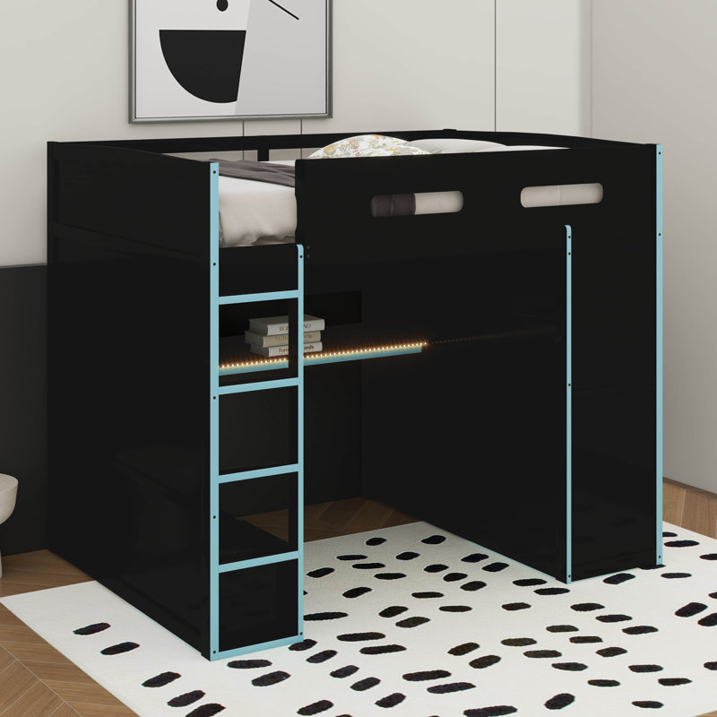 Full Size Wood Loft Bed With Desk,Wardrobe,Ample Storage Space,And RGB LED Light, Cloud Blue