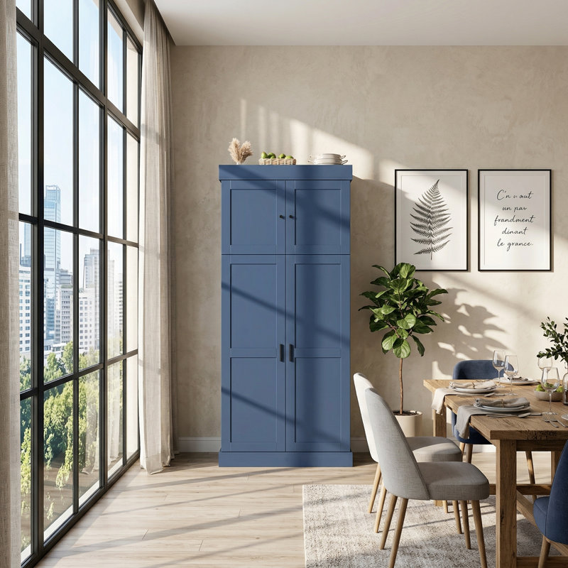 Armoire de cuisine autoportante de 77 po de hauteur avec tablettes réglables et supports à vin, Marine
