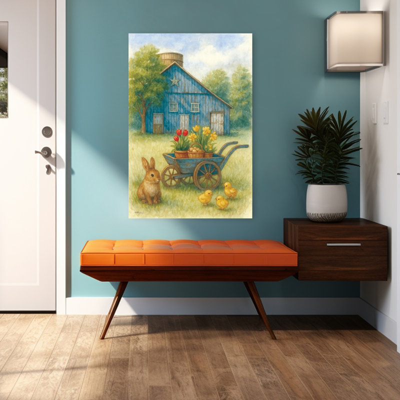 «The Bunny's Barnyard Abstract Contemporary Jonquille, lapin, tulipe, paysage, art naturel, H 48 po x l 32 po