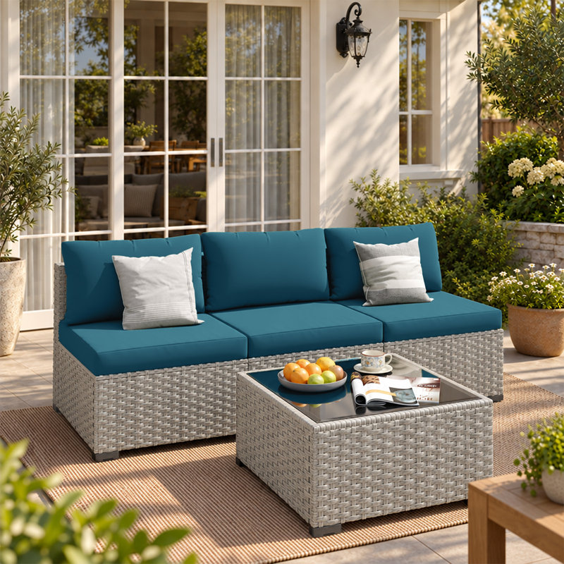 Ensemble de canapé d'extérieur en osier pour 3 personnes avec table basse et coussins, Bleu paon