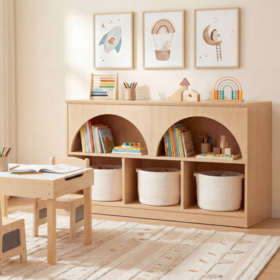 43"W Arched Montessori Kids Bookshelf and Toy Storage Organizer, Low Bookcase with Open Shelves and 3 Cubbies