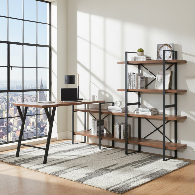 Aldred Modular L-Shaped Steel Writing Desk, Walnut
