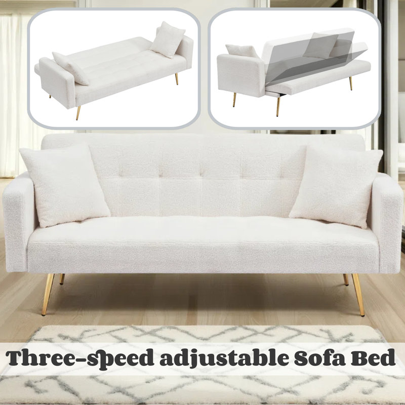 71.7" Teddy Fabric Sofa Bed - Space-Saving Convertible Design with Removable Armrests (500 lb Capacity), Beige