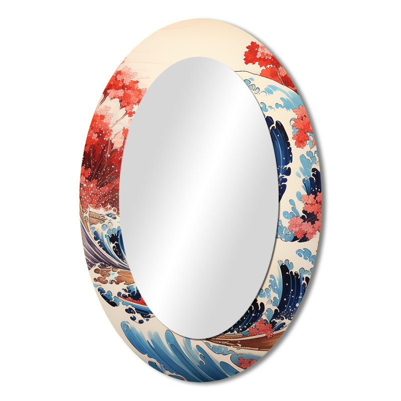 Grand chef-d'œuvre le grand rouge de Kanagawa II - grand miroir mural ovale sur métal, 36 po x 24 po