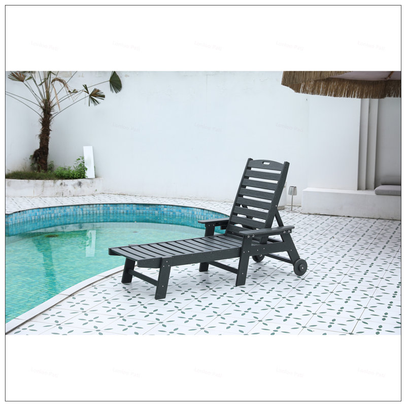 Oversized Outdoor Chaise Lounge Chair With 5 Adjustable Positions, Wood Texture, Wheels, And Cup Holder For Patio, Poolside, And Deck