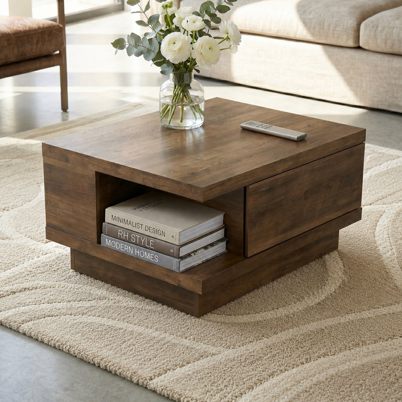 Caomhan 31.3" Modern Storage Coffee Table With Drawer, Knotty Oak