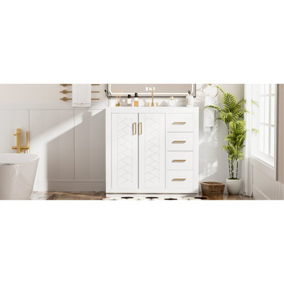 Armoire de salle de bain de 36 pouces avec lavabo en céramique, structure en bois massif, trois tiroirs, portes, rangement spacieux, style rétro, lavabo de meuble-lavabo à poignées en métal exquis et glissière de tiroir lisse, charnières, finition blanche,