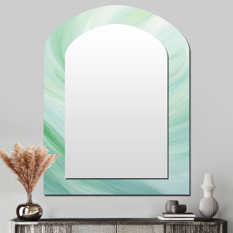 «Green Whispering Wave Spiral», miroir décoratif en forme d'arche abstraite, miroir mural asymétrique moderne, impression d'art en métal
