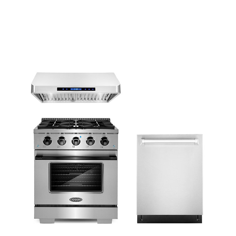 3 Piece Kitchen Package With 30" Freestanding Gas Range With Custom Handle And Knob Kit 30" Under Cabinet Range Hood 24" Built-in Fully Integrated Dishwasher