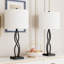 Lampe de table moderne 26 po en métal noir à 3 lumières avec abat-jour cylindrique en lin pour la chambre à coucher et le salon-1205751832
