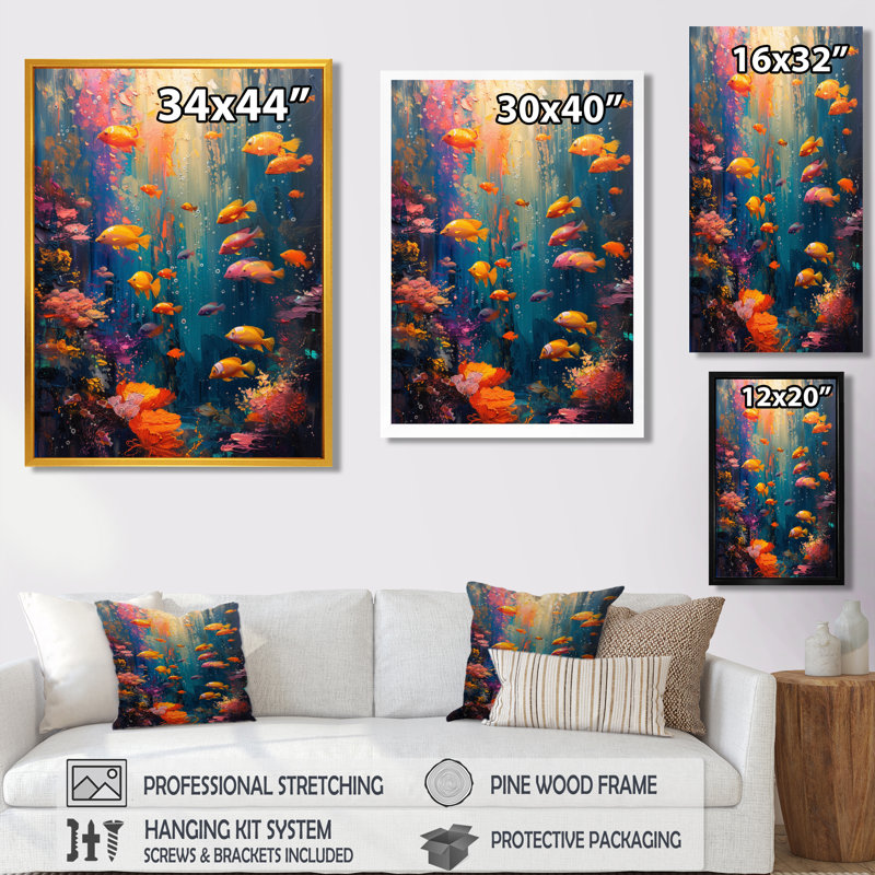 Bleu, orange, corail, poisson marin, vie II - corail, art mural, salon, H 24 po x l 32 po, Toile tendue