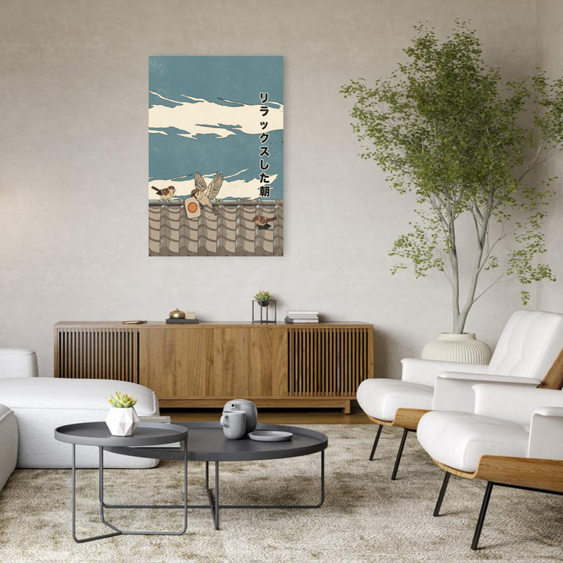«Relaxed Morning Sparrows Peaceful Retro Traditional Traditional Nature Landscape», art mural, H 48 po x l 32 po