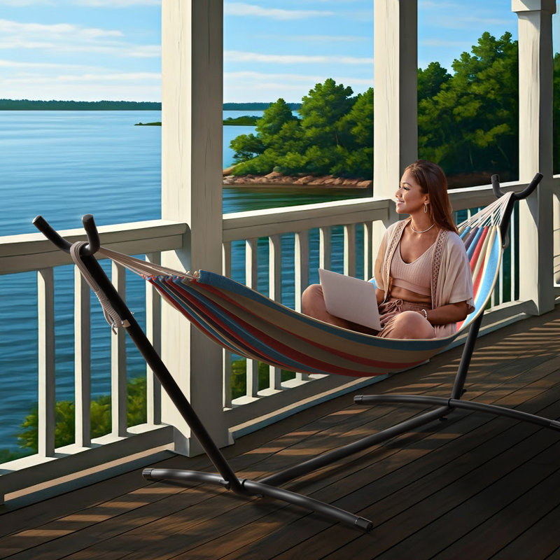 Double Adjustable Cotton Hammock with Stand, Blue/Red