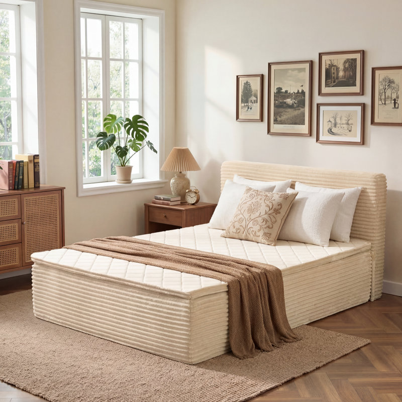 Lit plateforme tapissier, aucun assemblage requis Lit de compression avec matelas à ressorts, Lit double, Beige