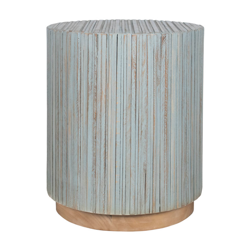 Karle Solid Wood Drum End Table, Blue
