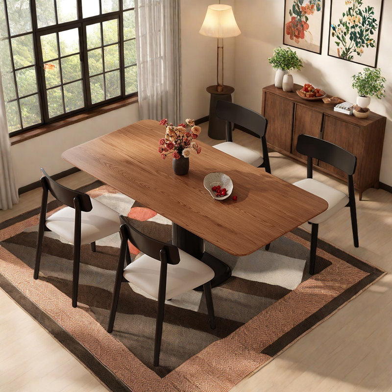 Walnut-colored rectangular dining table set, 5, 29.53" H x 55.11" L x 31.49" W