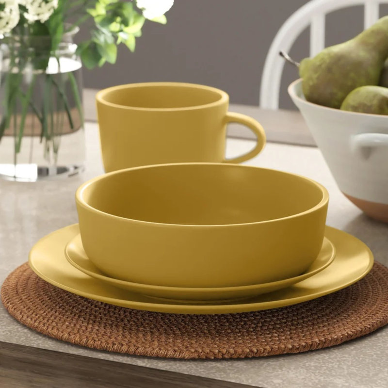 Wazee Matte 16 Piece Dinnerware Set, Service for 4, Mustard Yellow