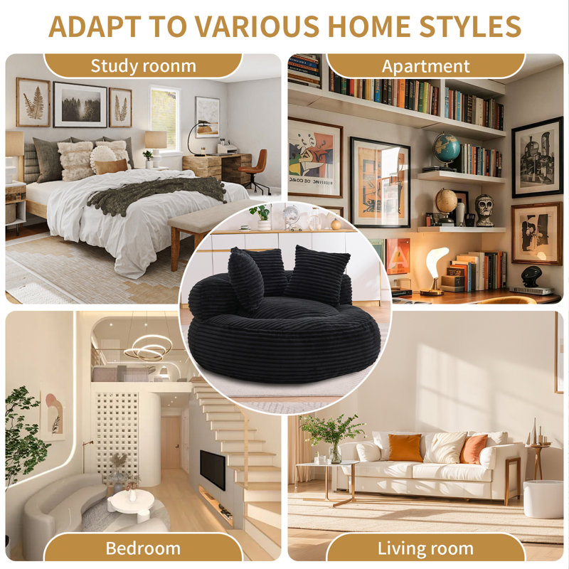 Pouf rond de 116 cm pour adultes et adolescents, fauteuil lounge en velours côtelé avec rembourrage en mousse, fauteuil de lecture confortable pour salon et chambre