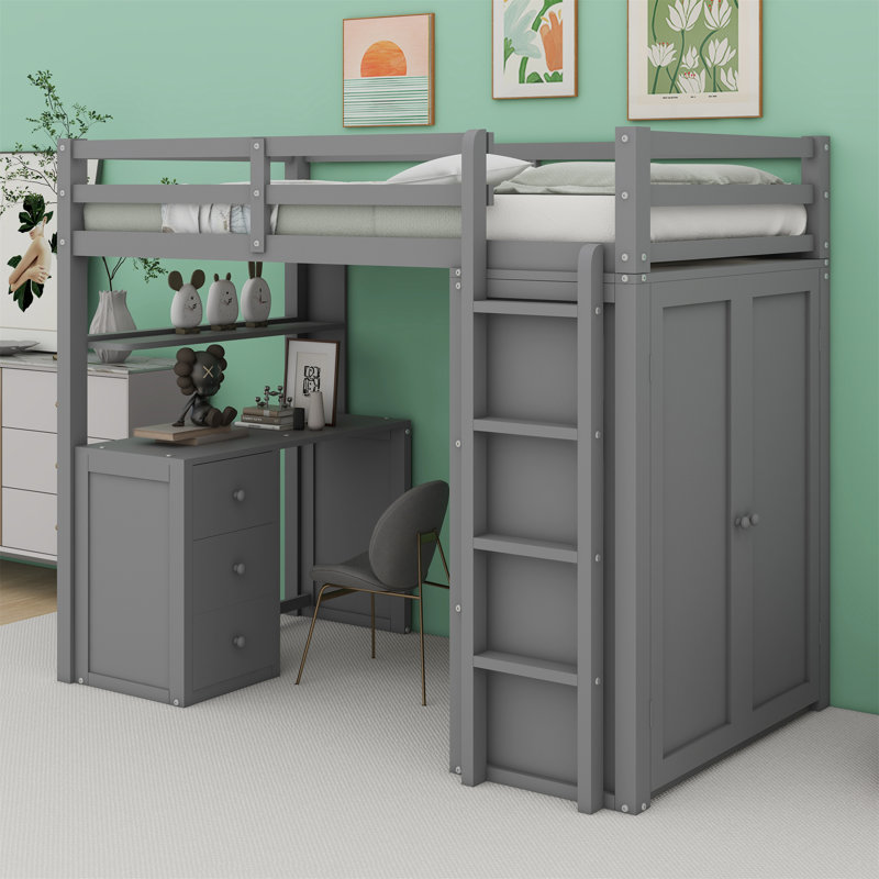 Ilianka Twin Loft Bed with Drawers,Desk and Wardrobe, Gray
