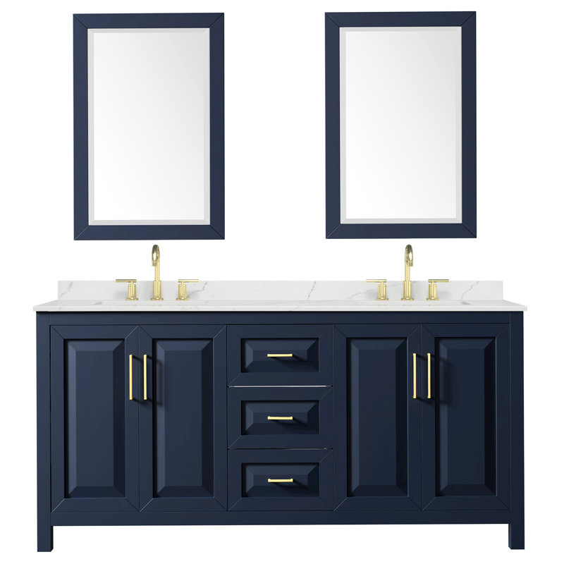Daria 72'' W Vanity, White Quartz, Blue, Brushed Gold