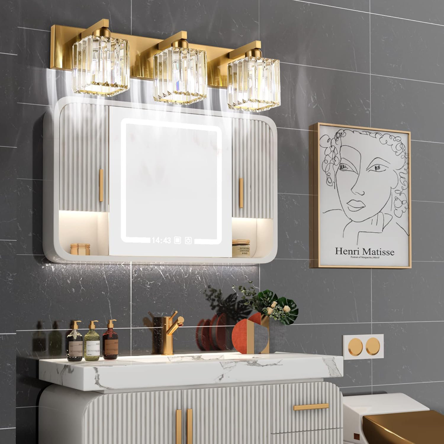 Everly Quinn Crystal Vanity Lighting Fixtures Brass ,3 Light Bathroom ...