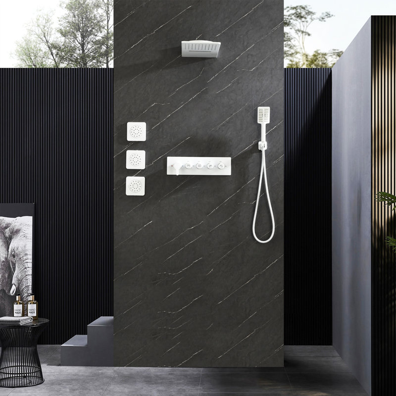 Wall Mounted Waterfall Rain Shower System With 3 Body Jets And Handheld Shower Set, White