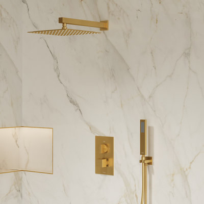 Rugen Brushed Gold Shower System, Large 12" Rain Shower Head with Handheld Combo, Wall Mount Shower Faucet Set with Pressure Balance Valve, Bathroom Shower Fixtures
