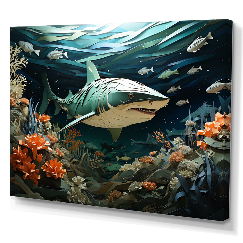 " Coral And Sharks Collage Symetry II ", 30" H x 40" W x 1.5" D, Wrapped Canvas