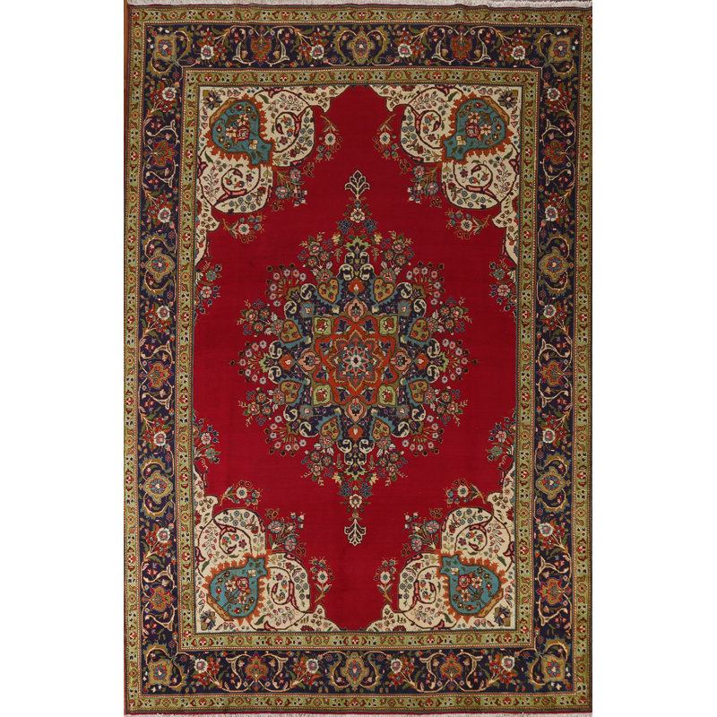 Tapis rétro rouge rétro Tabriz noué à la main 8 x 11
