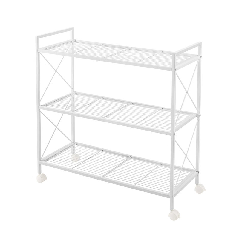 Étagère de rangement en métal à 3 niveaux avec roulettes, étagère en maille avec cadres latéraux en X, Blanc