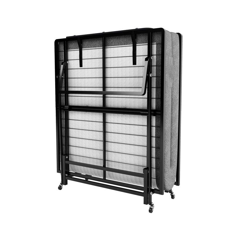 Structure de lit pliante en métal avec matelas en mousse, 4 roulettes pour faciliter la mobilité, rangement à profil mince, chambre à coucher et chambre d'amis noir, mouvement à roulement à haute densité, bon dortoir