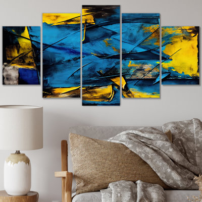 «Bliss Of Happiness In Yellow and Blue I», art mural abstrait sur toile, 5 panneaux