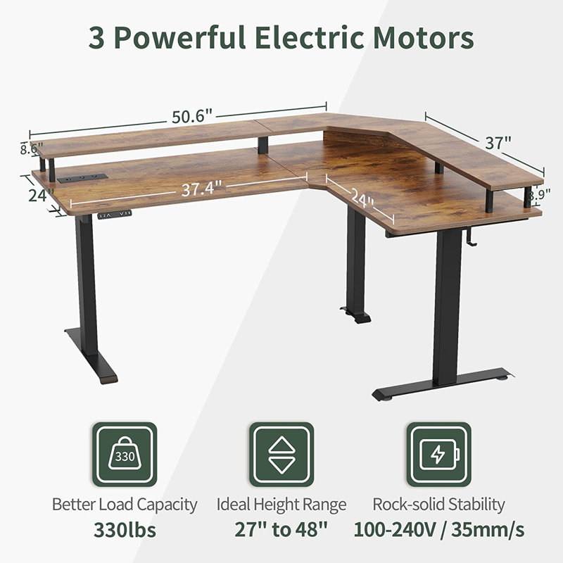 Marquila Adjustable L-Shaped Metal Base Standing Desk, Rustic/Black