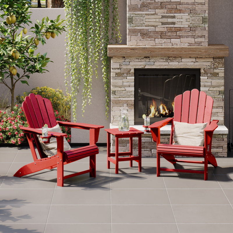 Ensemble de 3 chaises d'extérieur en poly Adirondack avec table d'appoint, 3 pièces: tables d'appoint, 2 chaises, Rouge