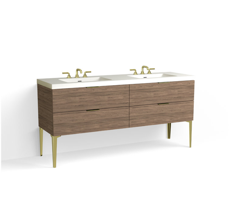 Avila 72" W Freestanding Double Bathroom Vanity with Dean Leg, Satin Brass,  Gloss White/8" Widespread, Nocino