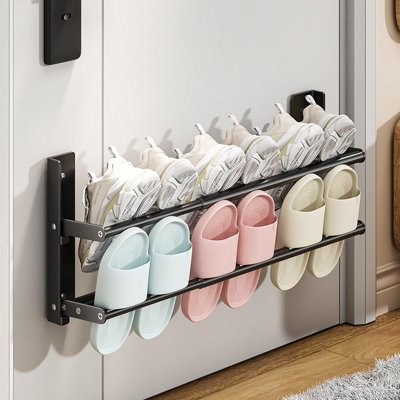 Shoe Rack Expandable，2-Tier Metal Hanging Shoe Organizer Holds 6 Pairs of Shoes,Wall-Mounted Shoe Rack, Foldable Shoe Shelf, Black
