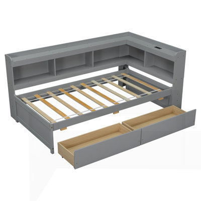 L-shaped Bookcases Bed with Power Outlets by Red Barrel Studio