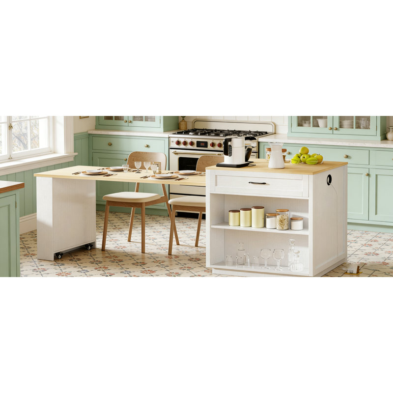 Extendable Kitchen Island With Dining Table, Storage, And Power Outlets For Versatile Use And Space Efficiency